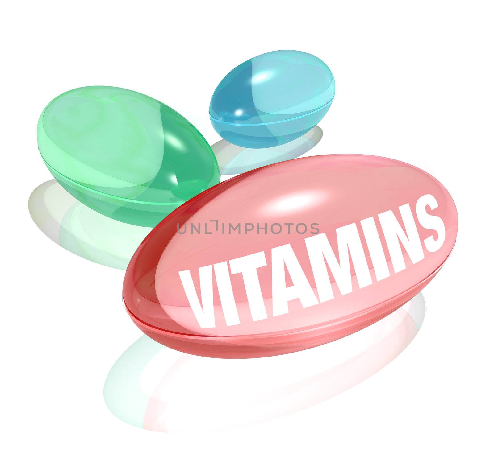 Three colorful vitamins - one red, green and blue - on a white background. Each vitamin in capsule pill form