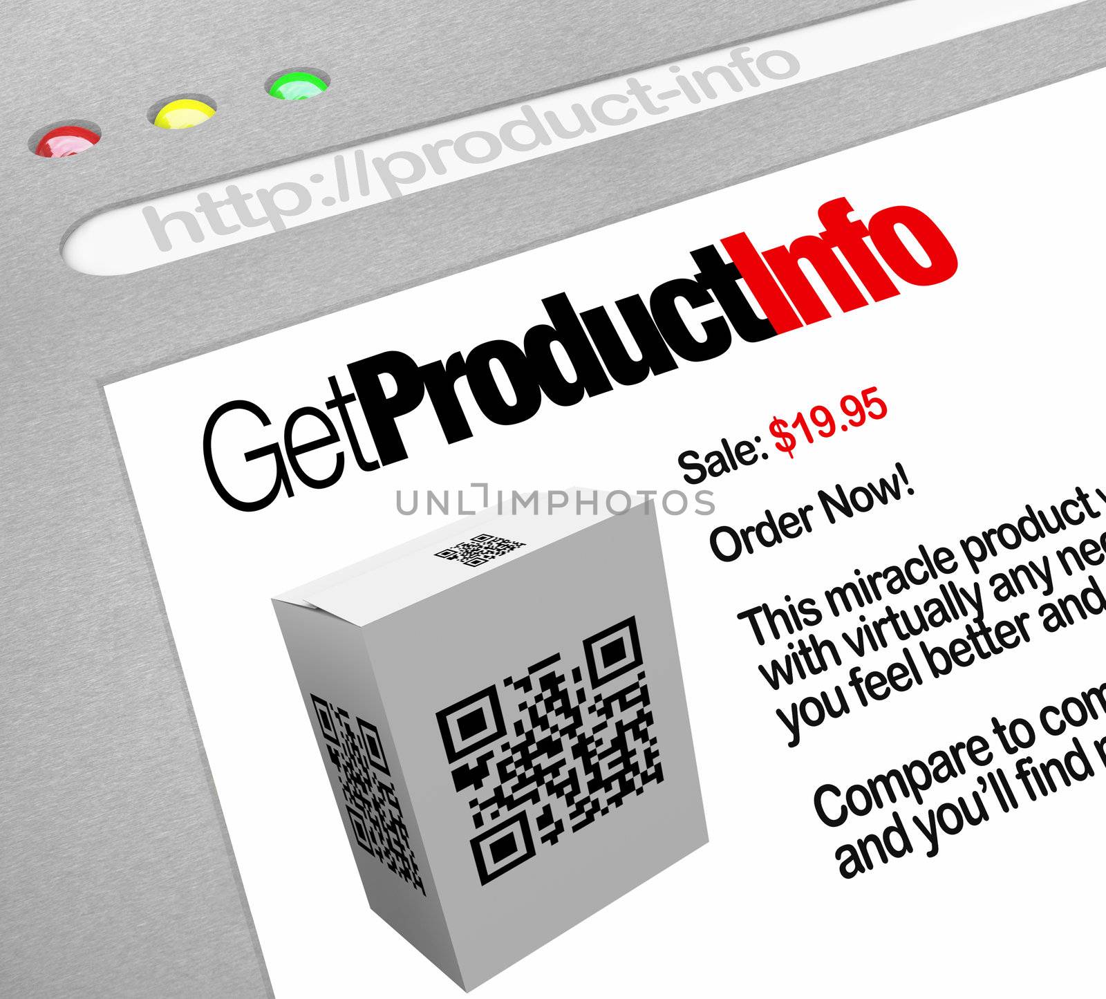 A web browser window shows the Get Product Info, a QR barcode on a box that has been scanned by a smart phone or other mobile device by a customer