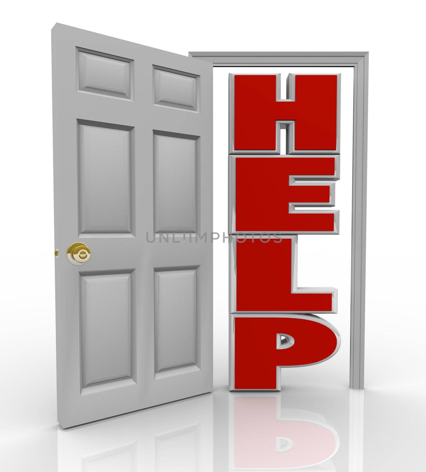 A white door opens to reveal the word Help symbolizing the support and assistance you can receive by opening up to a friend, colleague or counselor who can assist you in your needs