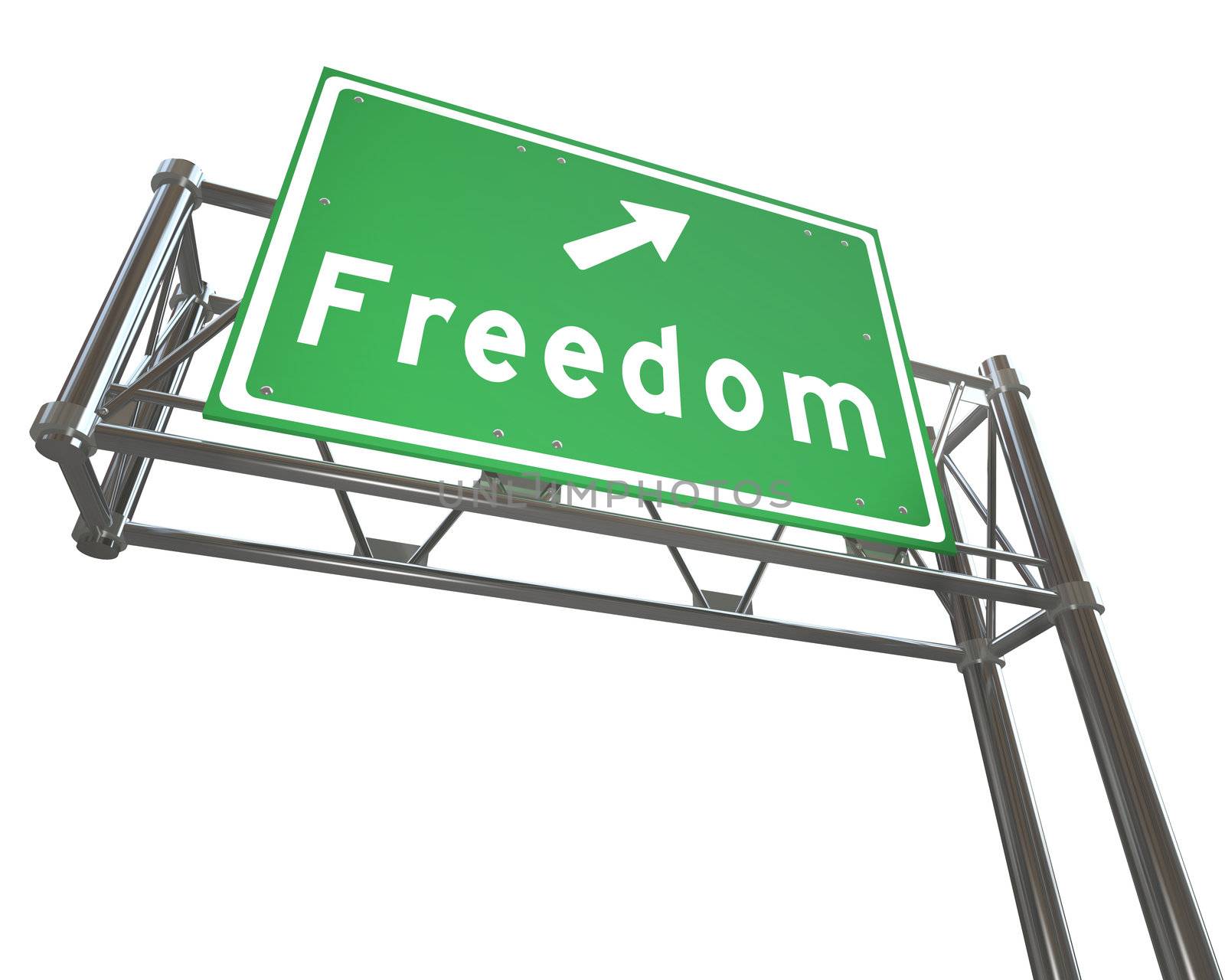A green freeway sign with the word Freedom and an arrow pointing the way to a path of independence, liberty and autonomy