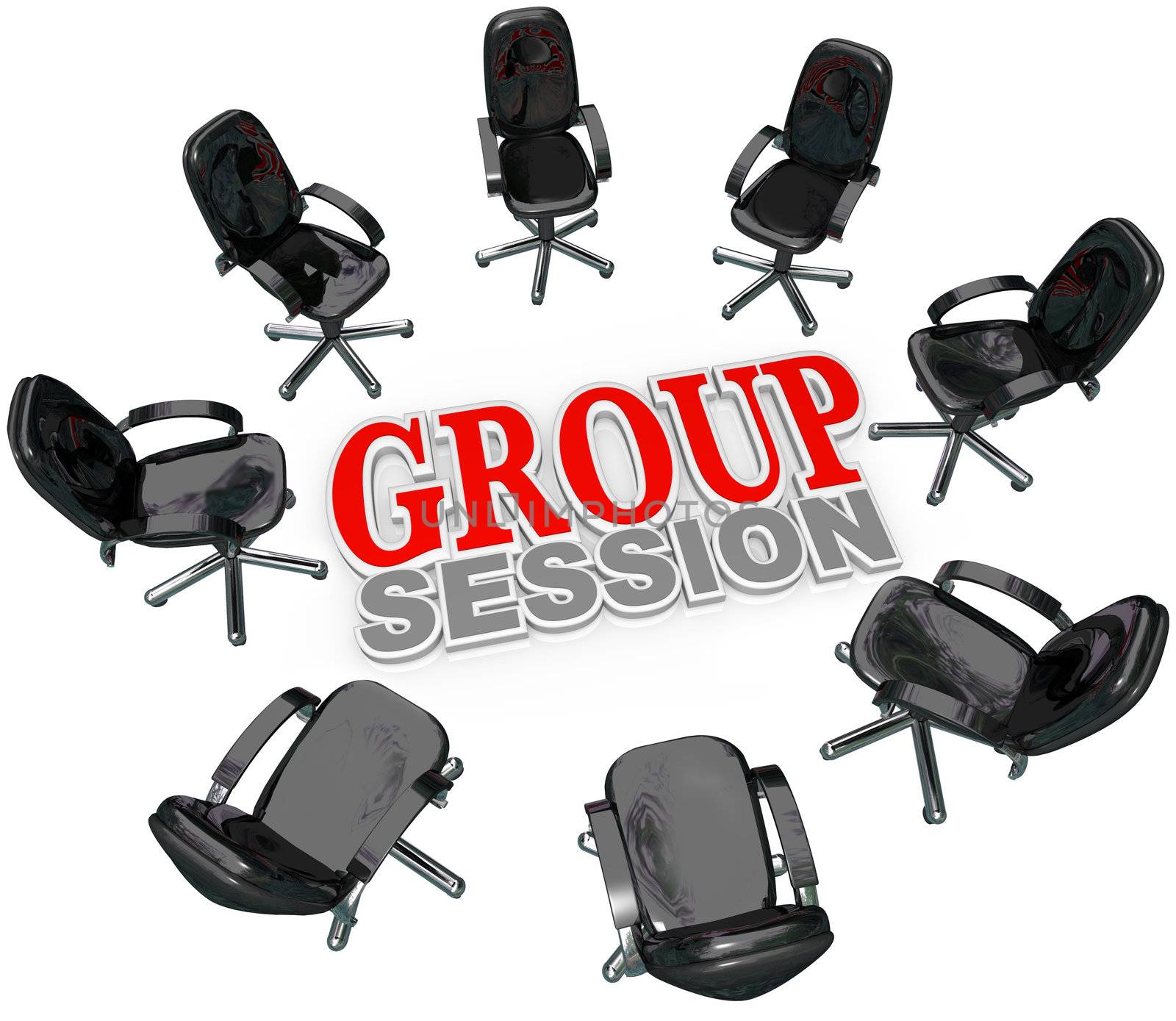 A number of chairs gathered in a circle around the words Group Session for a meeting or interaction with several people for therapy or business brainstorming or sharing ideas