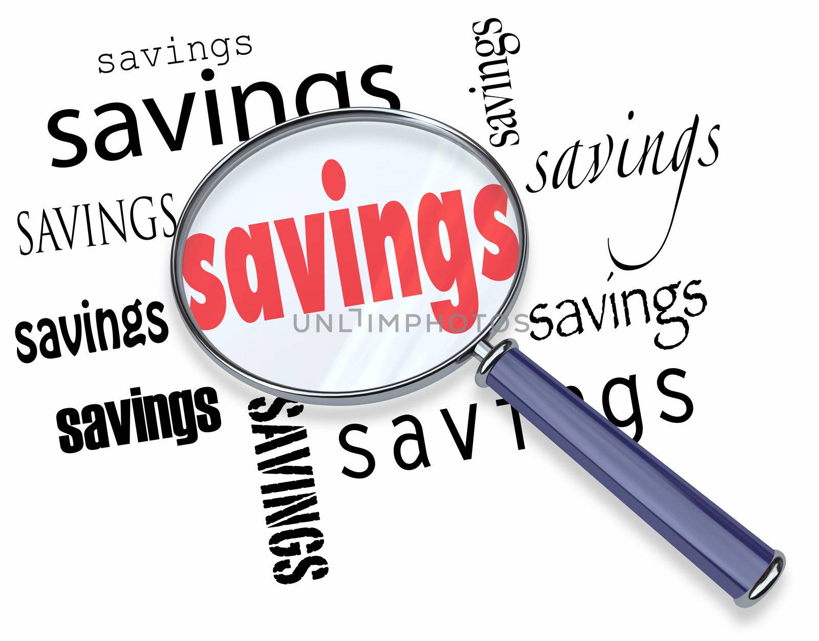 A magnifying glass hovering over several instances of the word Savings, a symbolic representation of the search for the best deal and saving money when purchasing something