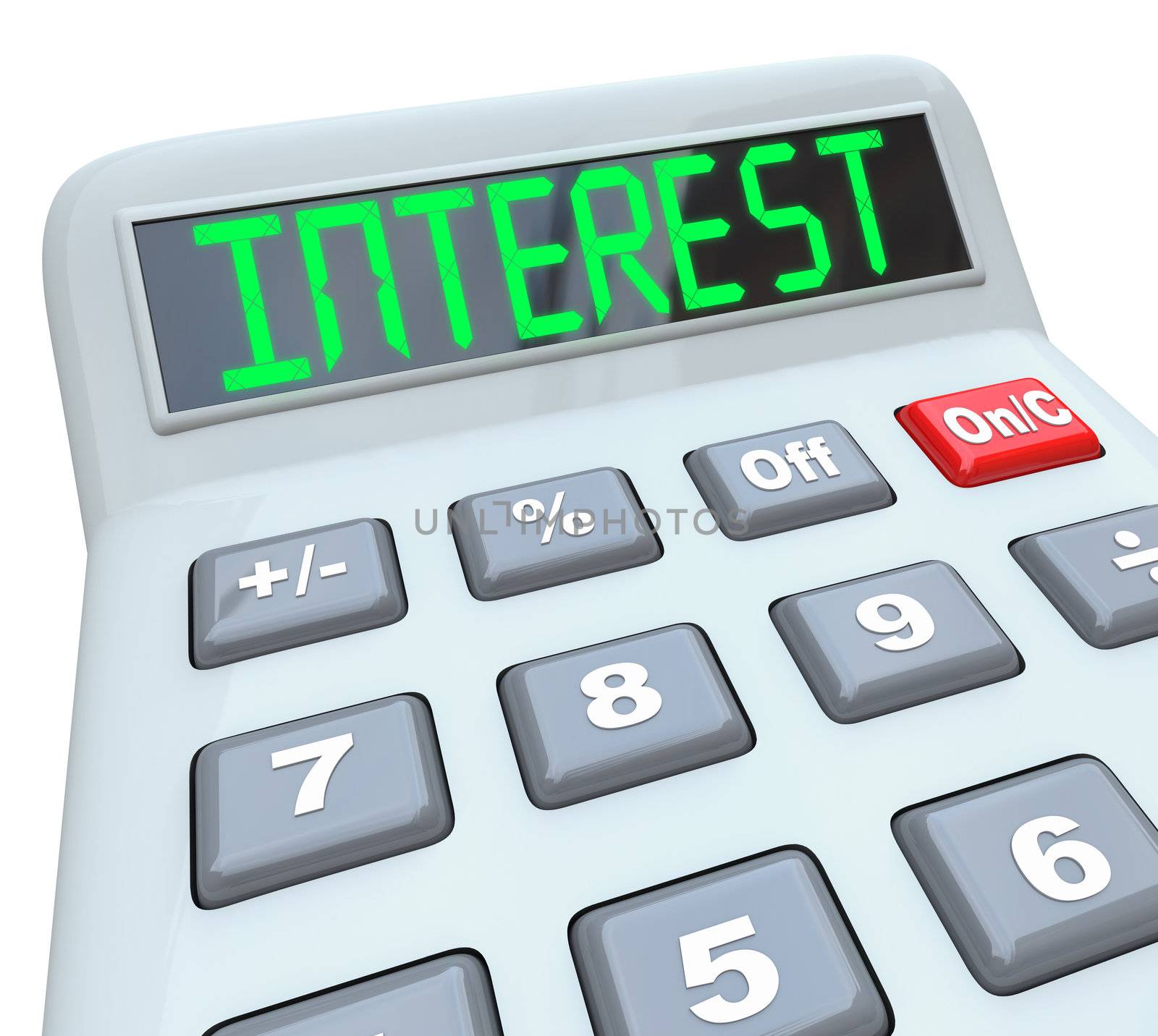 A plastic calculator displays the word Interest as you figure how the percentage interest rate you will pay on borrowed money or the money you will make on investments