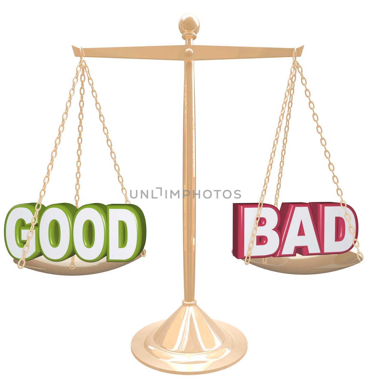 Weighing the good and bad of a situation or issue on a gold metal scale, one word on each side, measuring the positives and negatives