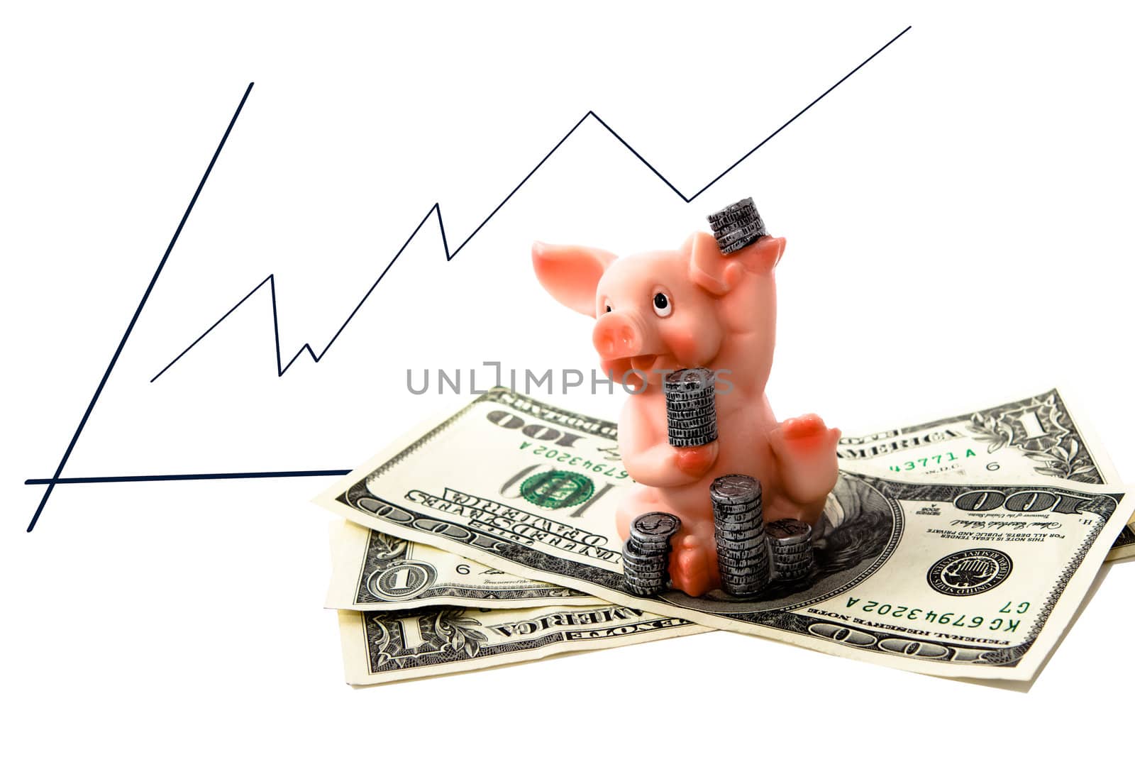 artificial piggy with coins and money on the white background with positive diagram