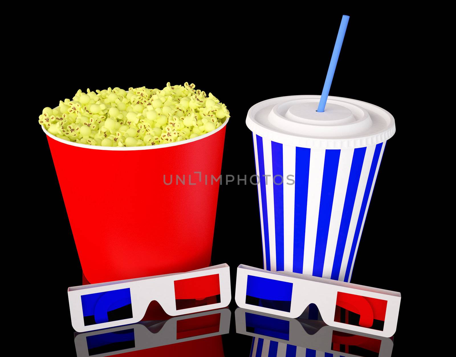 3d glasses with popcorn and soda drink by Nobilior