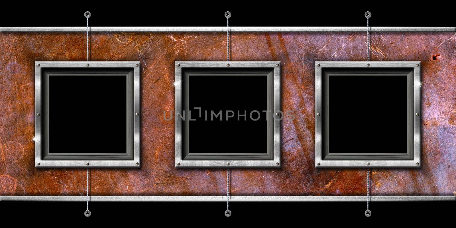 Horizontal and grunge background with three metallic frames

