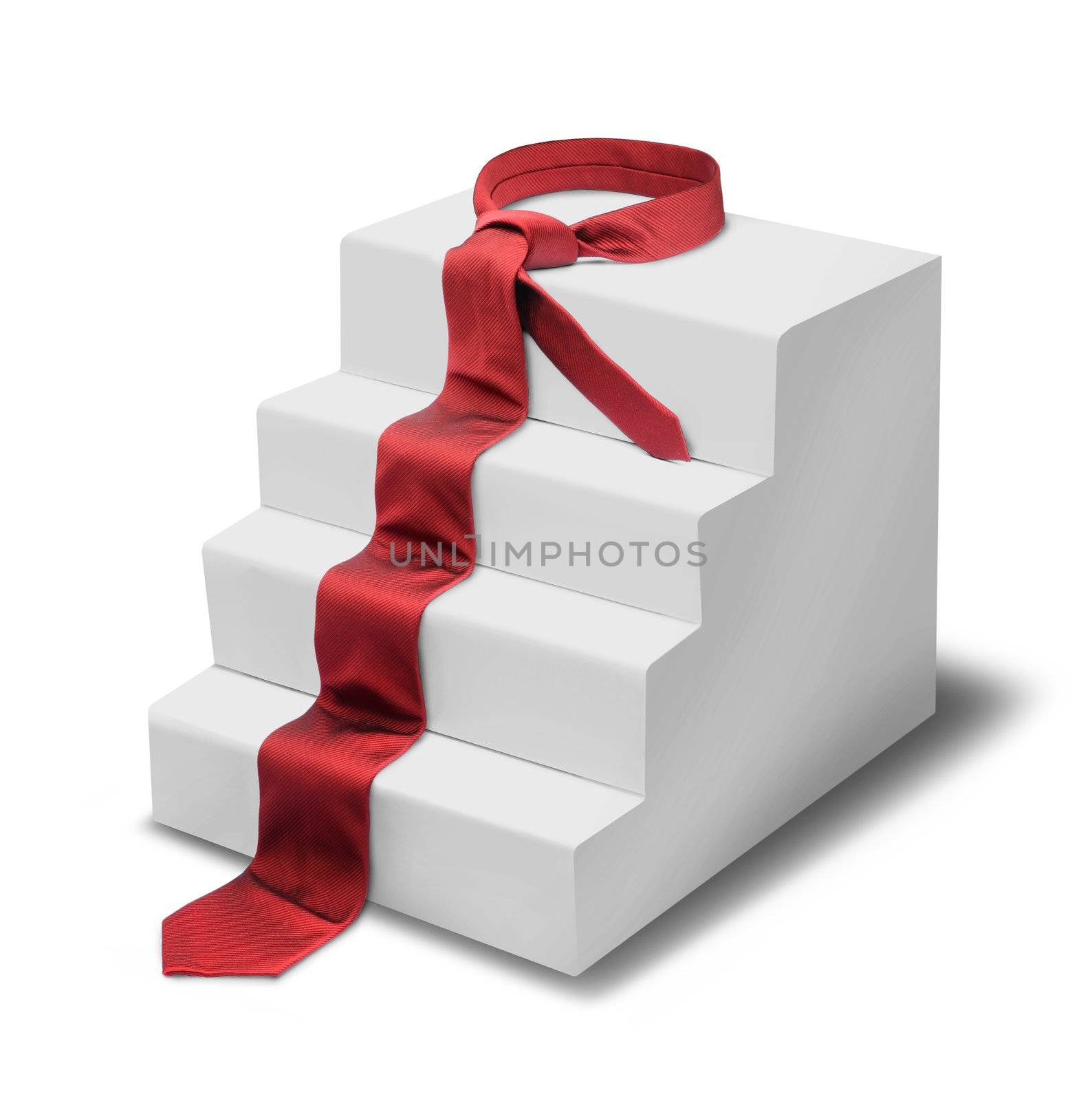 Red necktie forms steps of success, isolated on white