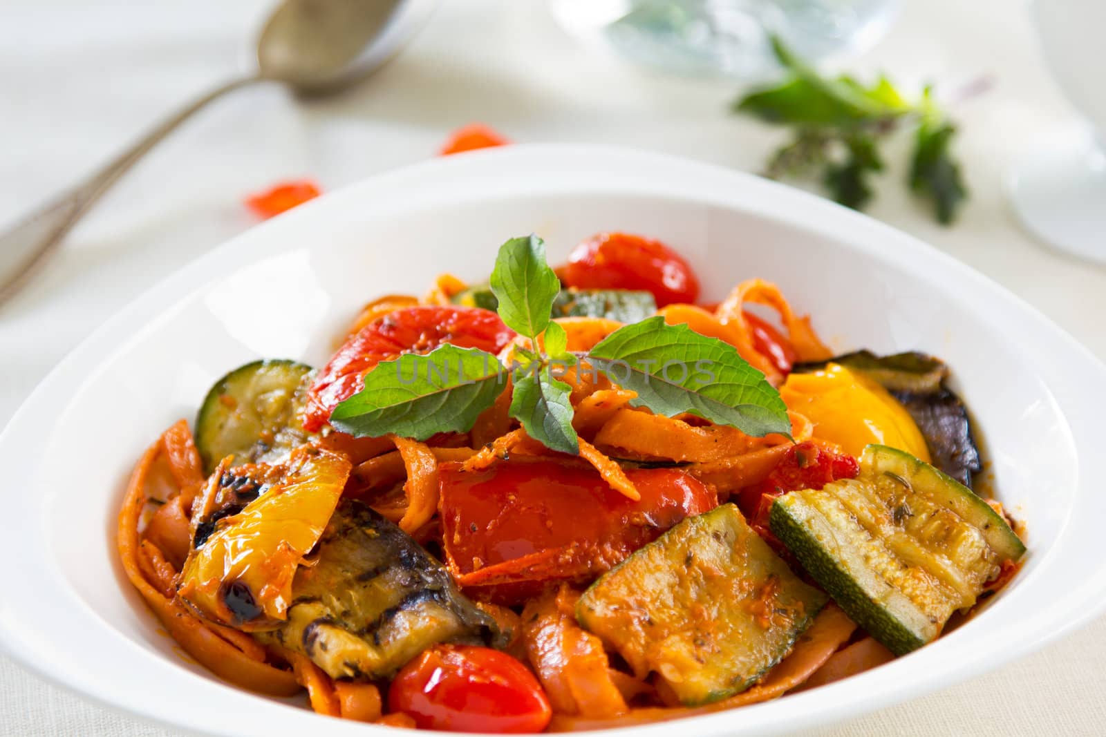 Fettuccine with Grilled zucchini,pepper, and aubergine with tomato sauce