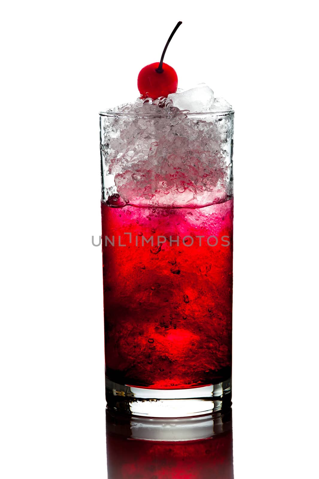 Red Alcoholic Cocktails with ice mint and cherry on white background