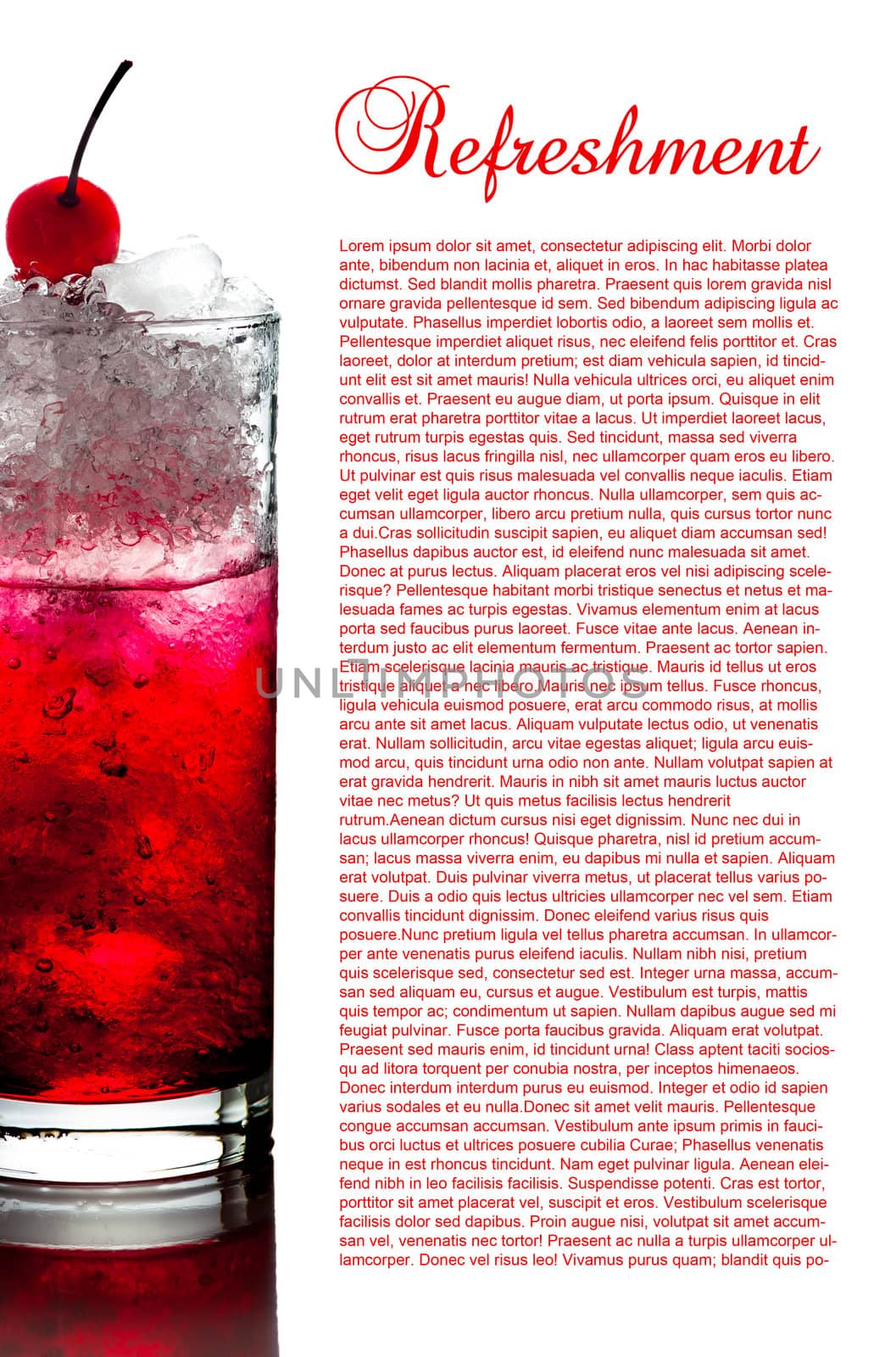 Red Alcoholic Cocktails with ice mint and cherry on white background