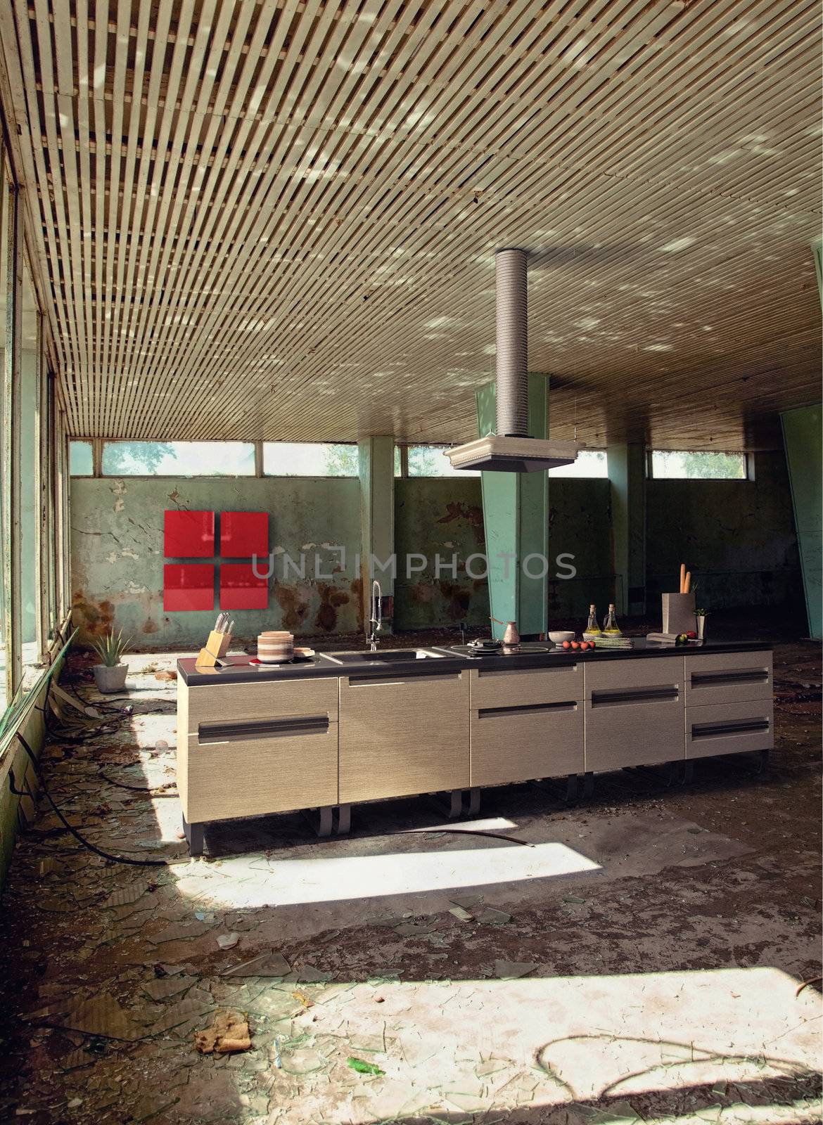 modern kitchen in grunge interior (Photo compilation. Photo and hand-drawing elements combined) 