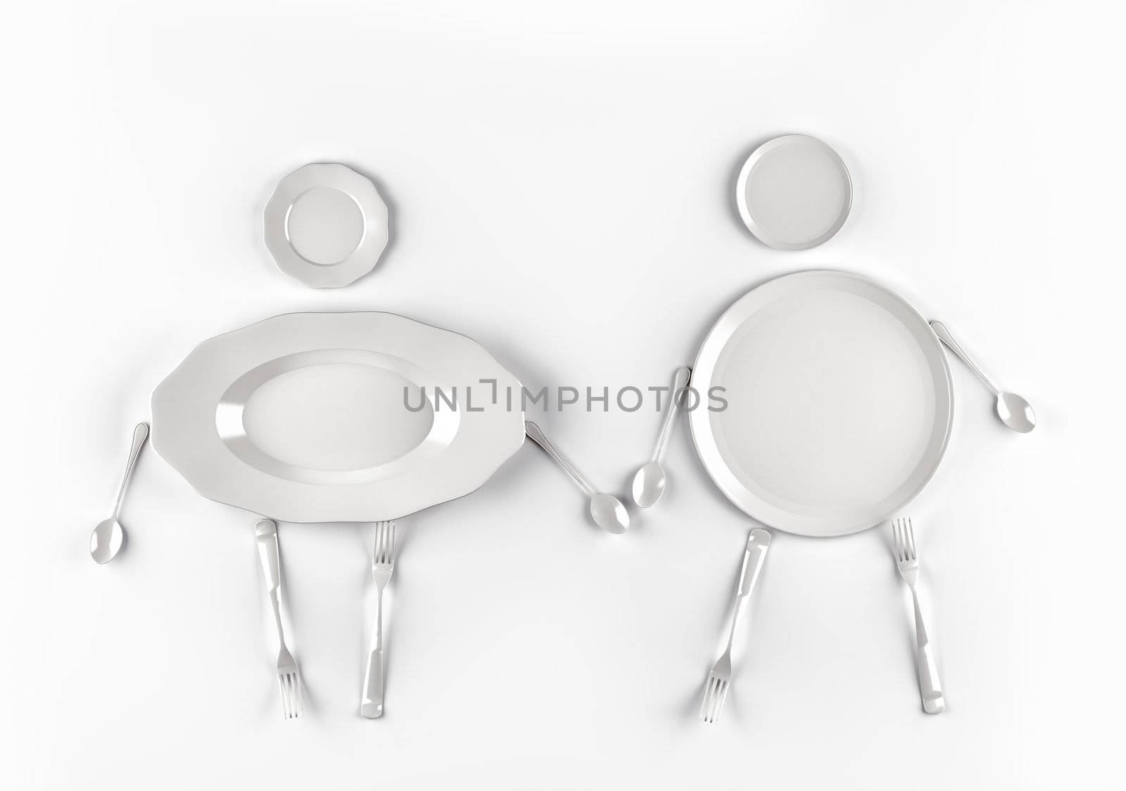 figures of men and women,  stylized by dishes on a white background