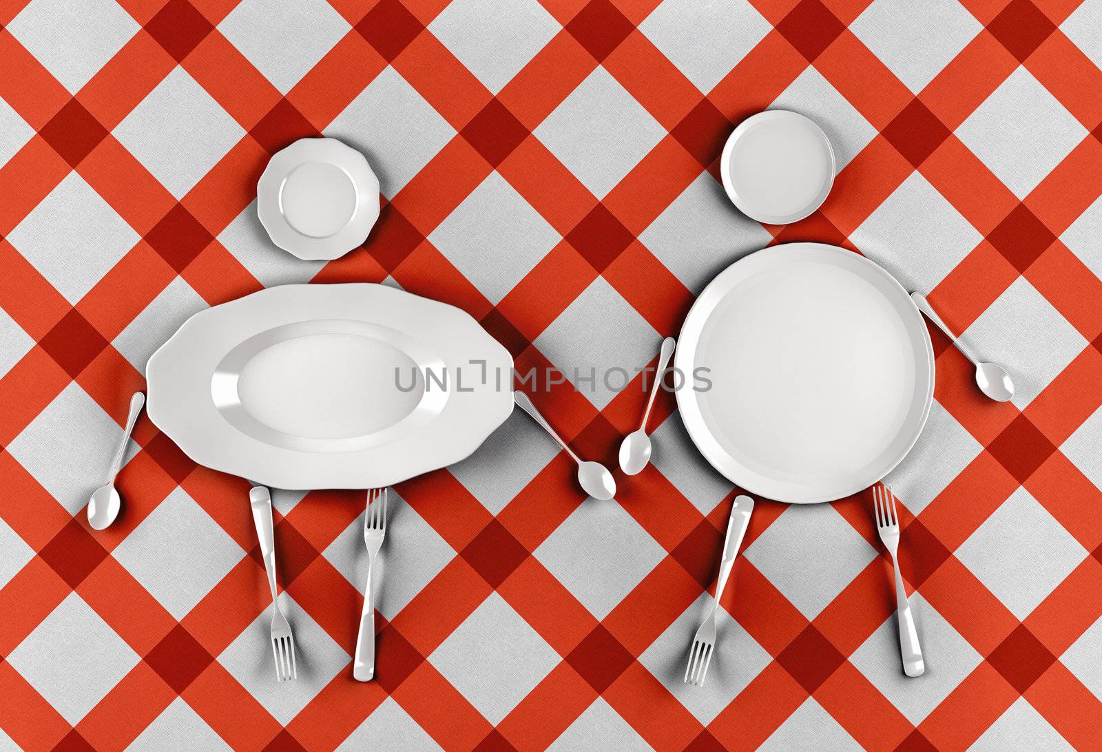 figures of men and women,  stylized by dishes on a pattern background