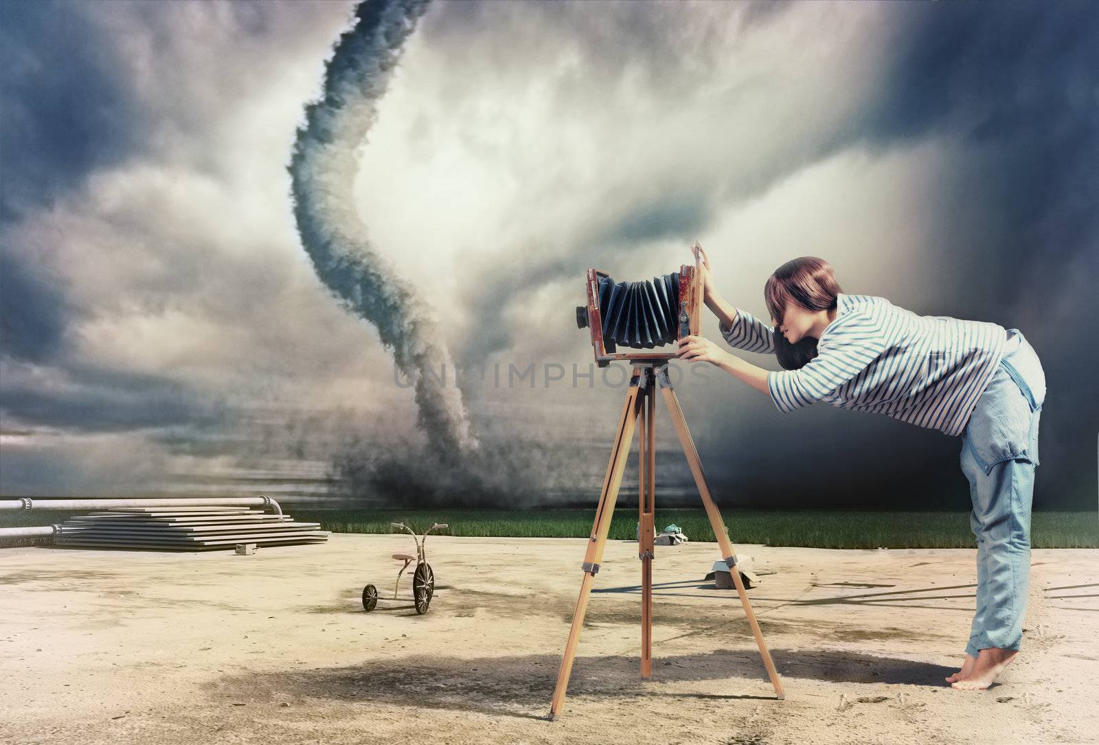woman, taking photo by vintage camera and tornado (Photo compilation. Photo and hand-drawing elements combined. The grain and texture added.)

