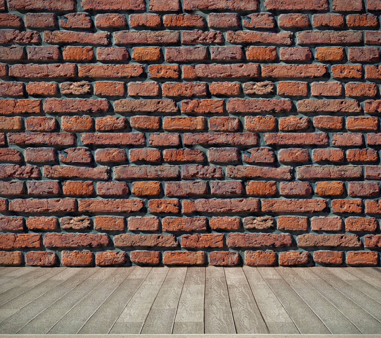 red brick grunge wall and wooden floor 
