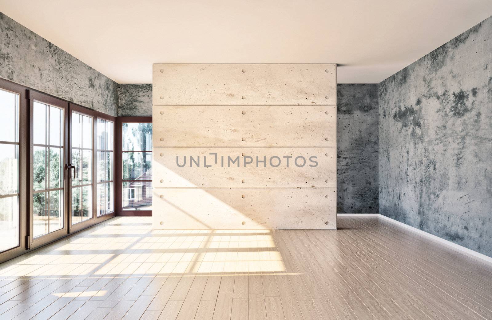 large spacious room, illuminated by natural light from windows