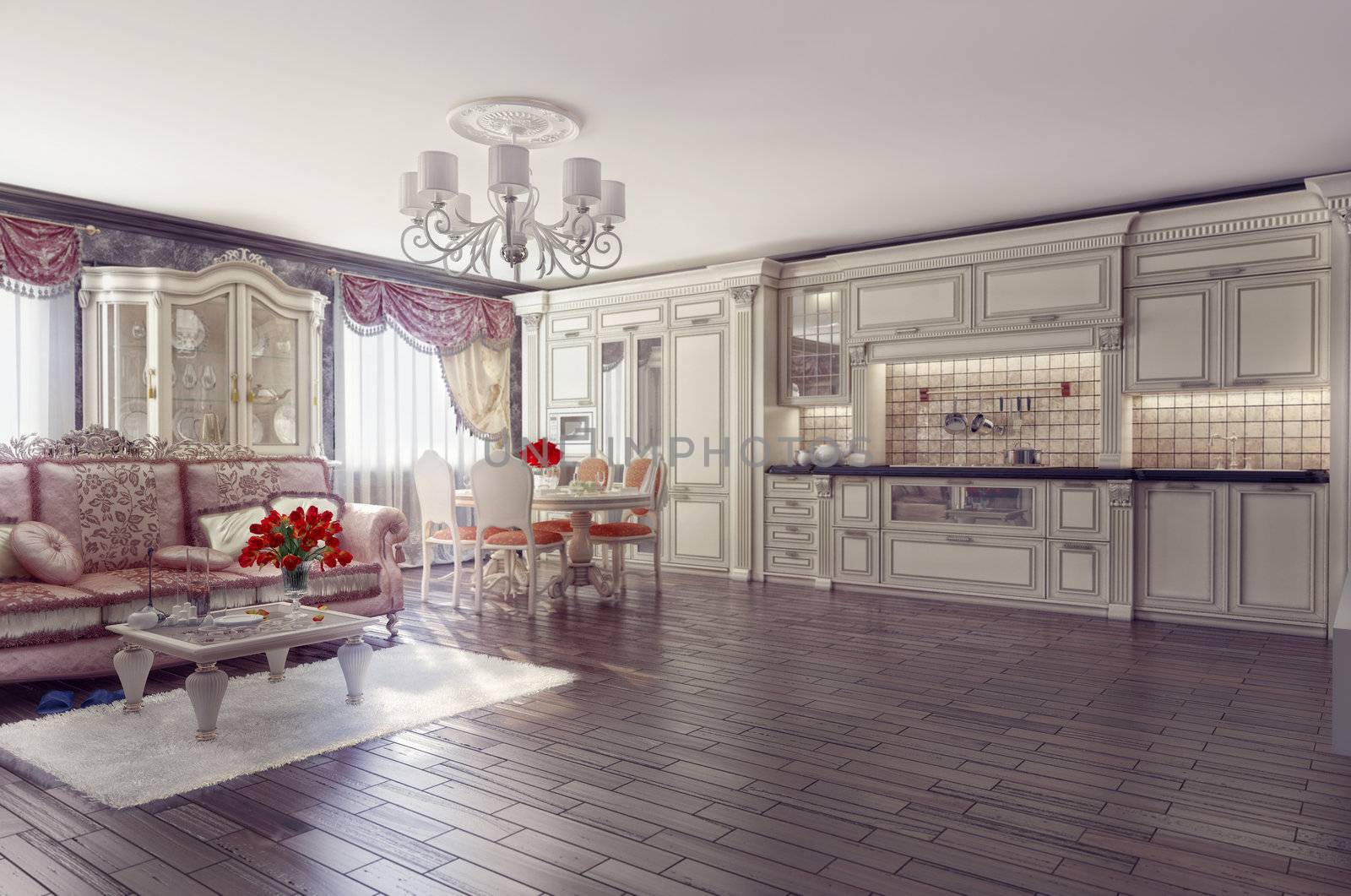 luxury kitchen interior in classic style (3D rendering) 