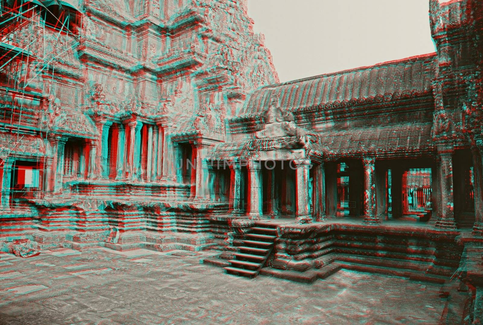 3D stereo photo Angkor Wat - ancient Khmer temple in Cambodia. UNESCO world heritage site (you need anaglyph stereo glasses to watch it)