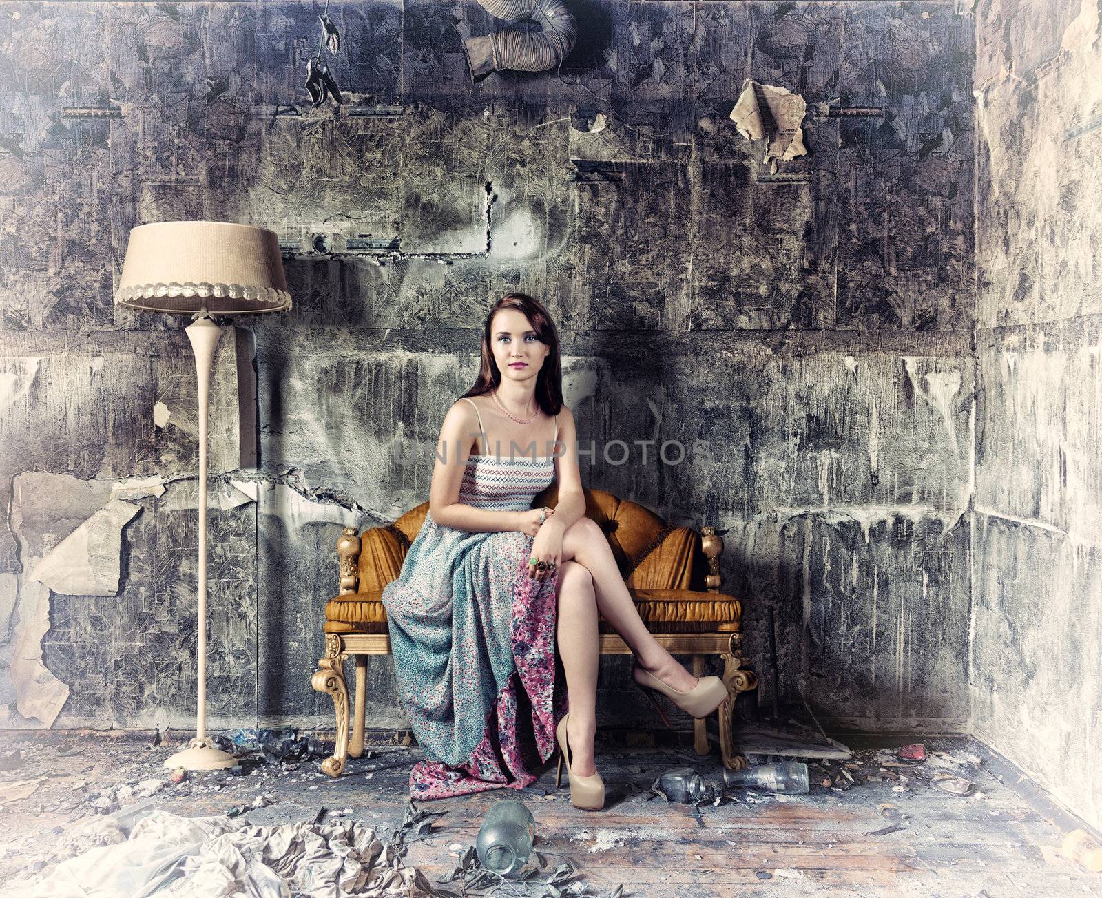 young beautiful women, sitting in vintage sofa  (Photo and hand-drawing elements combined) 