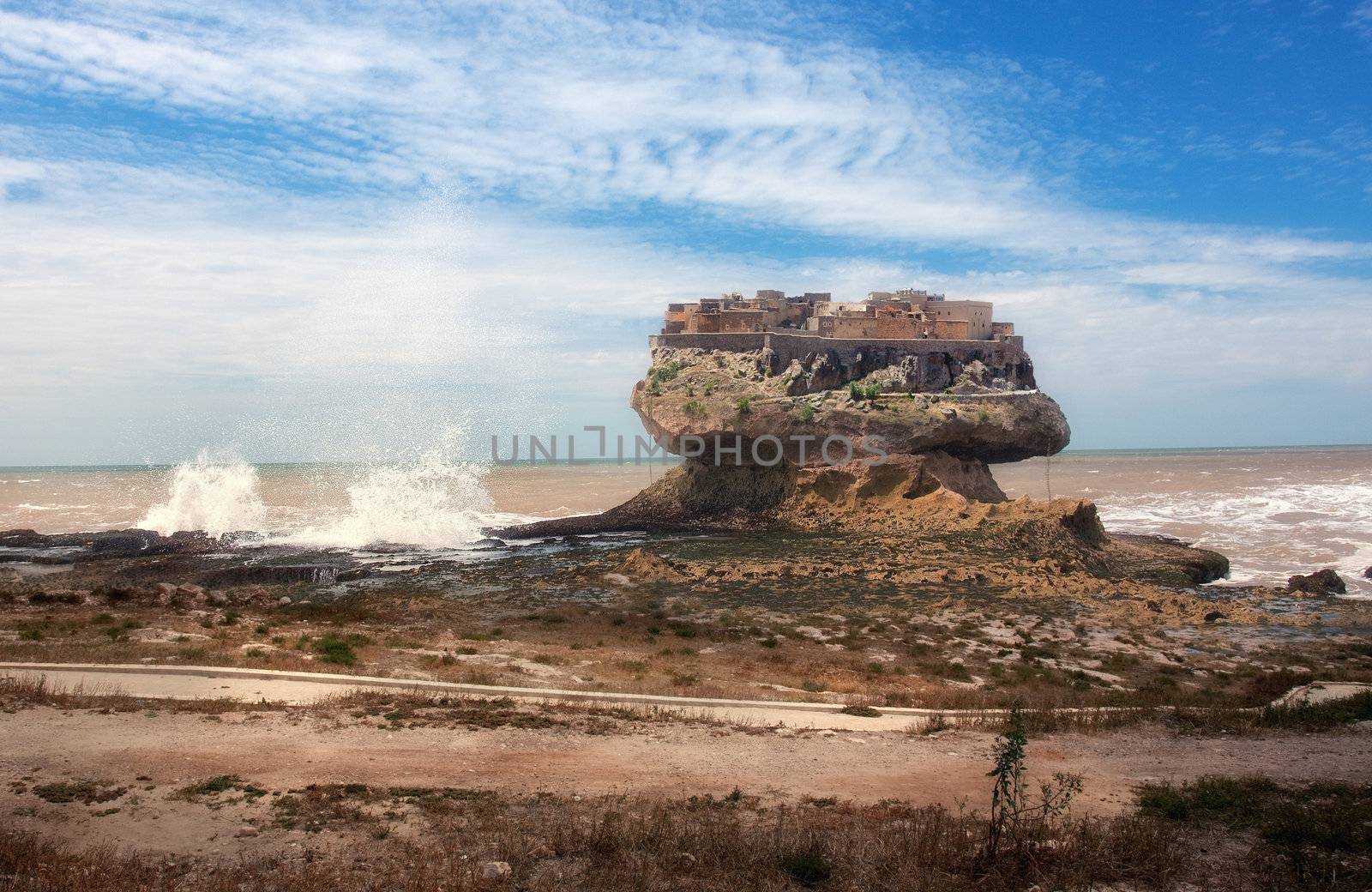 an ancient castle on the cliff inaccessible (photo and hand-drawing elements combined)