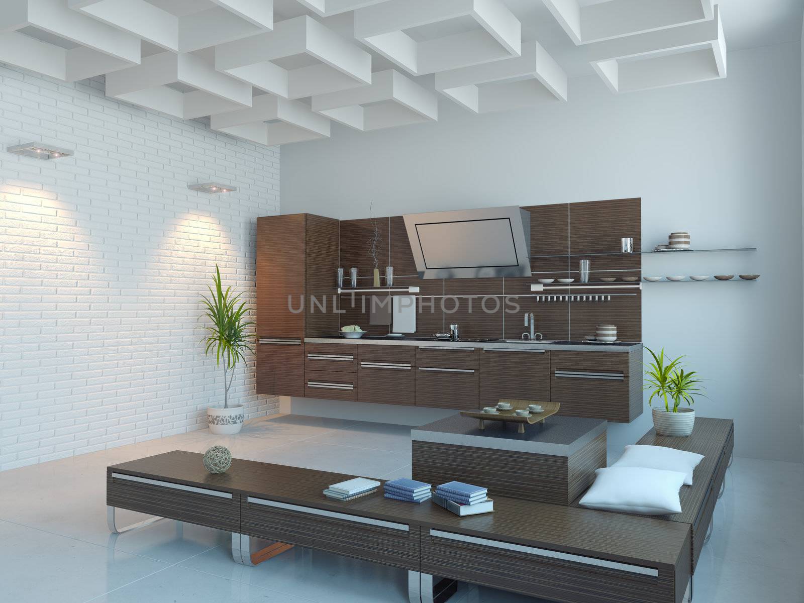 the modern kitchen interior design (3D rendering)