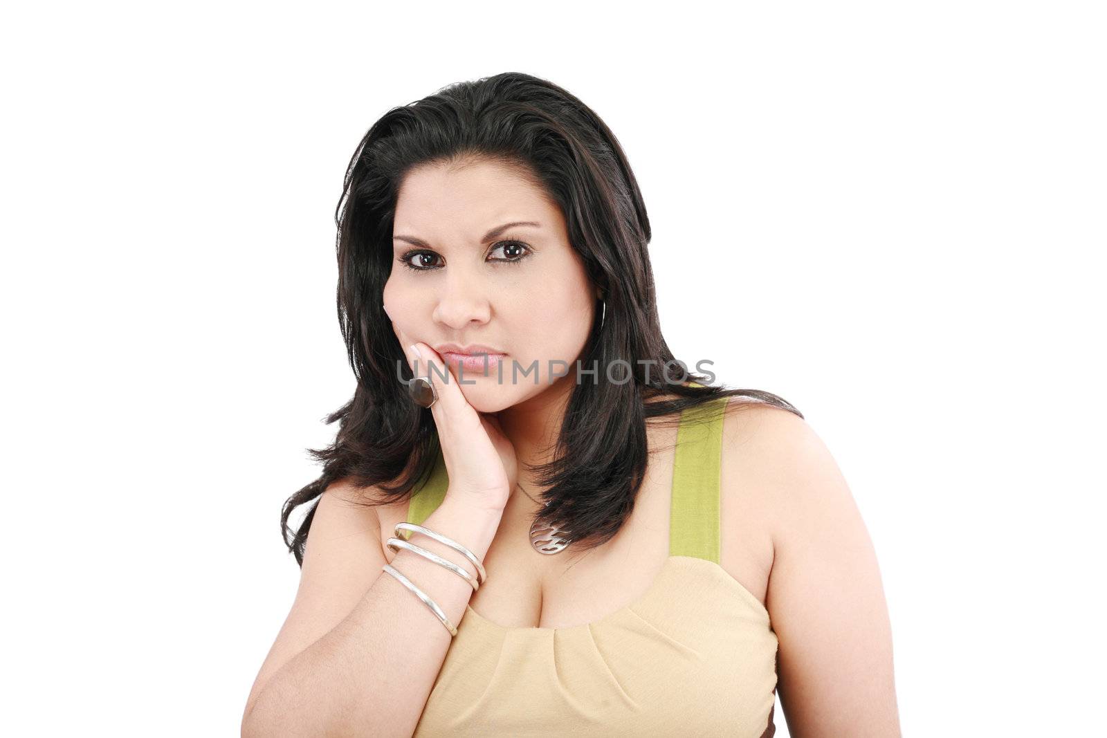 Brunette woman with toothache, isolated on white