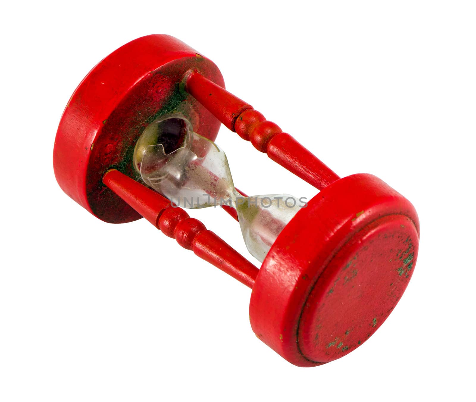 Broken sand glass clock red object isolated on white background.