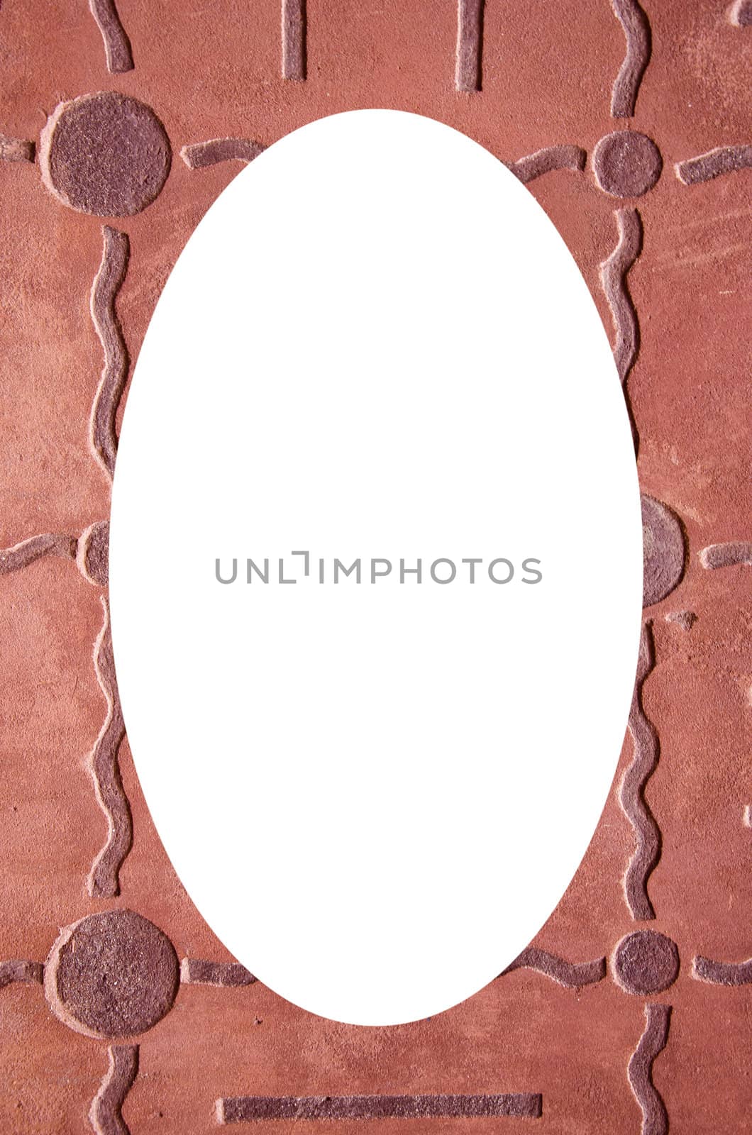 Interesting patterns and textures on walls of the building. Architectural background.Isolated white oval place for text photograph image in center of frame.