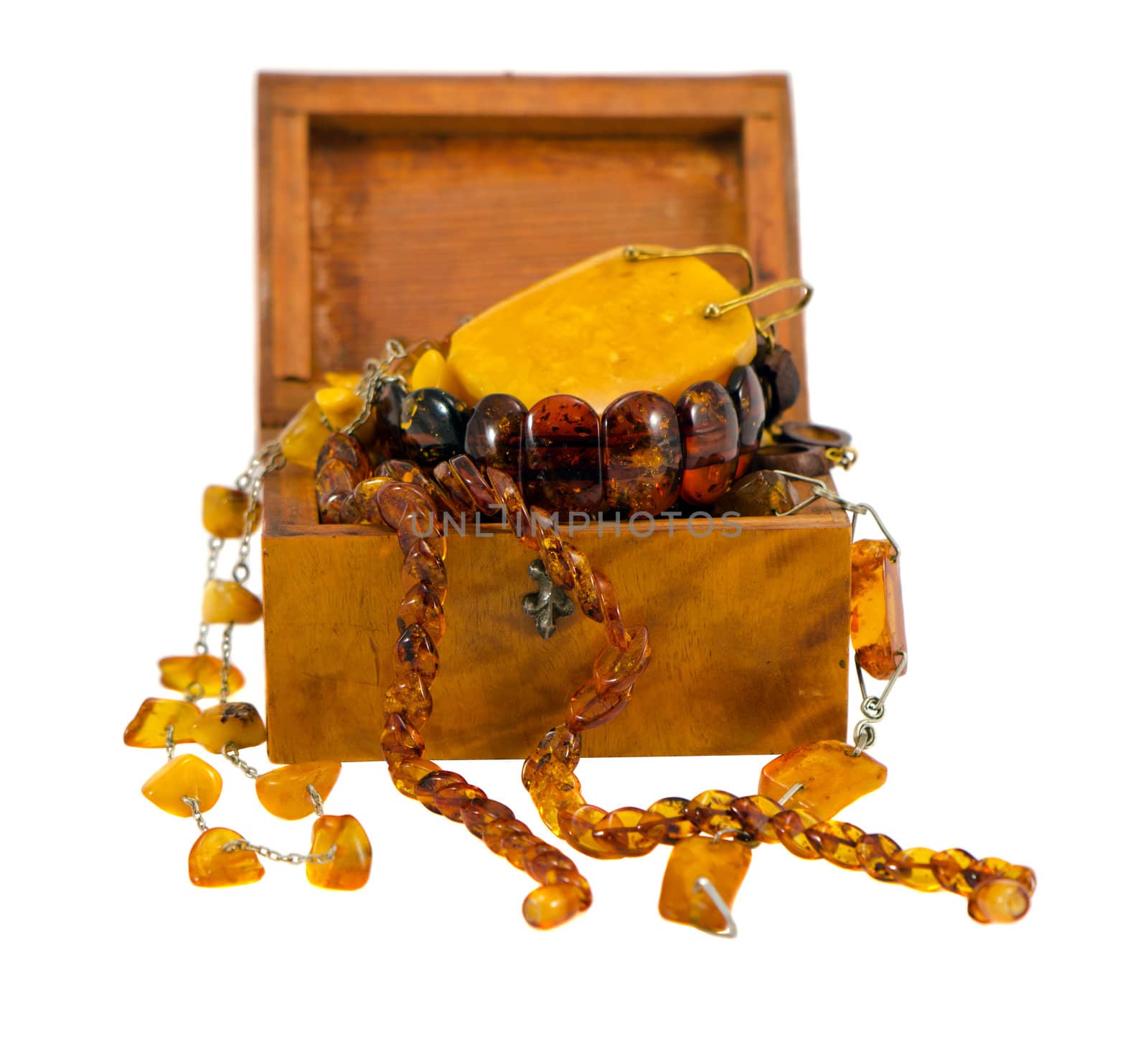 Amber apparel jewelry in retro wooden box isolated on white background