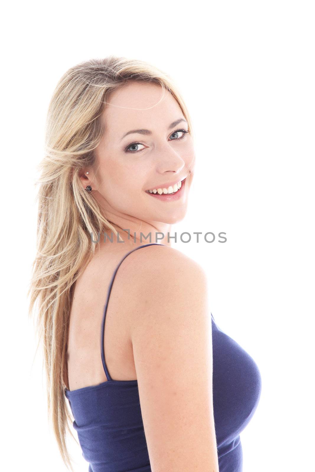Attractive blonde woman looking over her shoulder isolated on white Attractive blonde woman looking over her shoulder isolated on white