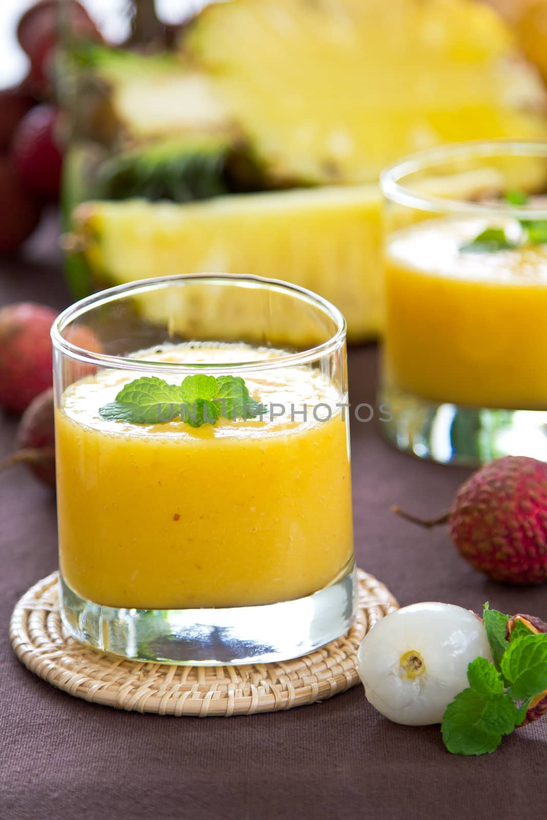 Lychee ,Mango and Pineapple smoothie with mint