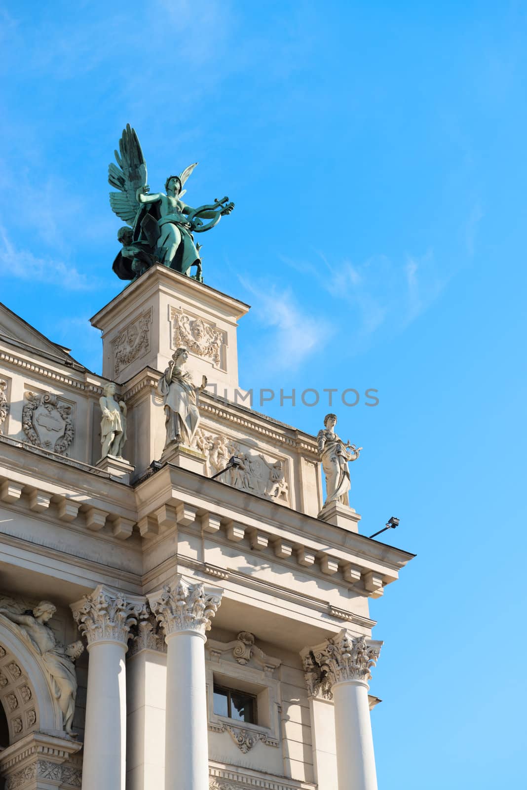 Lviv theatre of opera and ballet exterior. The symbolic sculpture of Music.