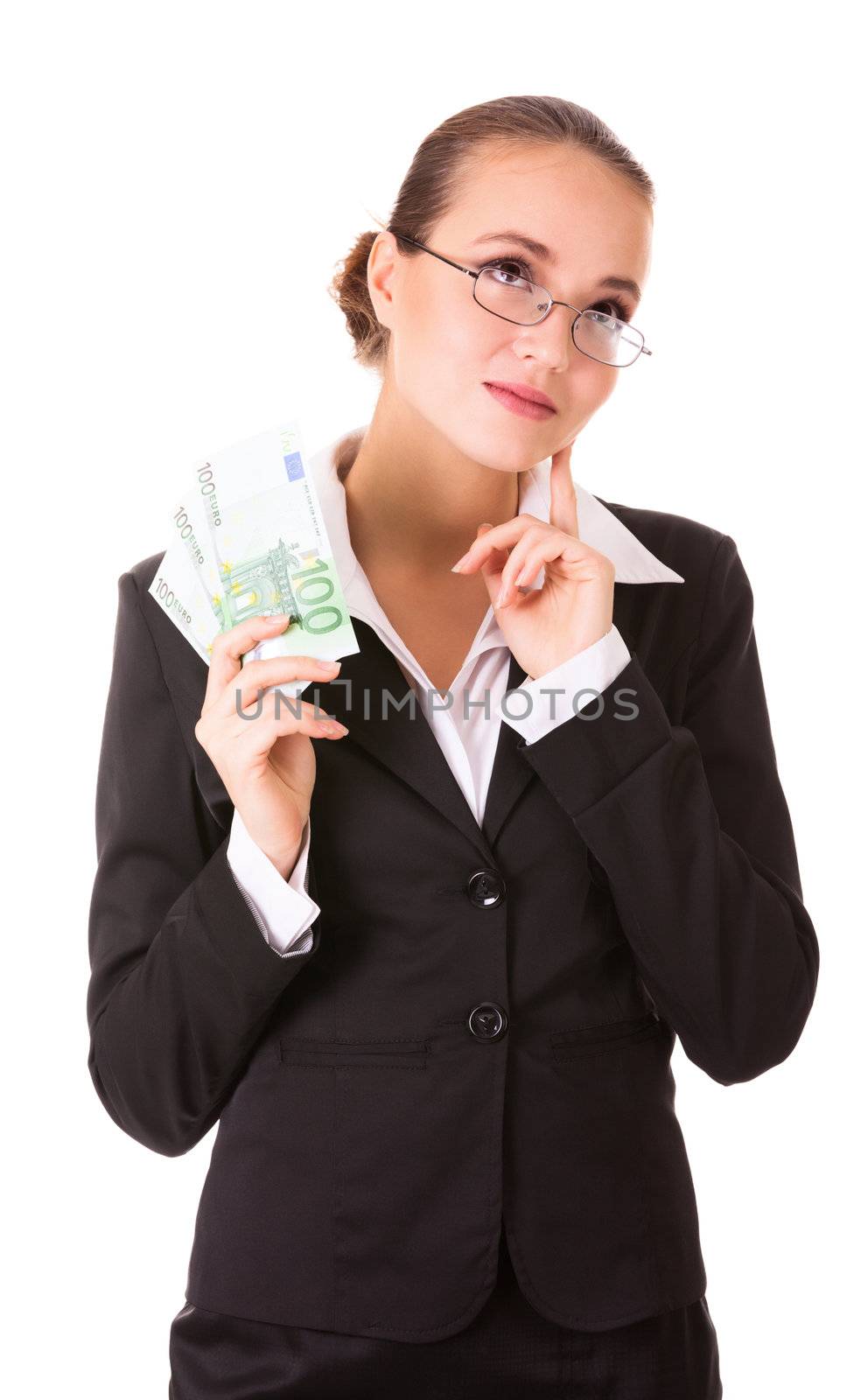Dreamy business woman with euro cash money isolated on white background