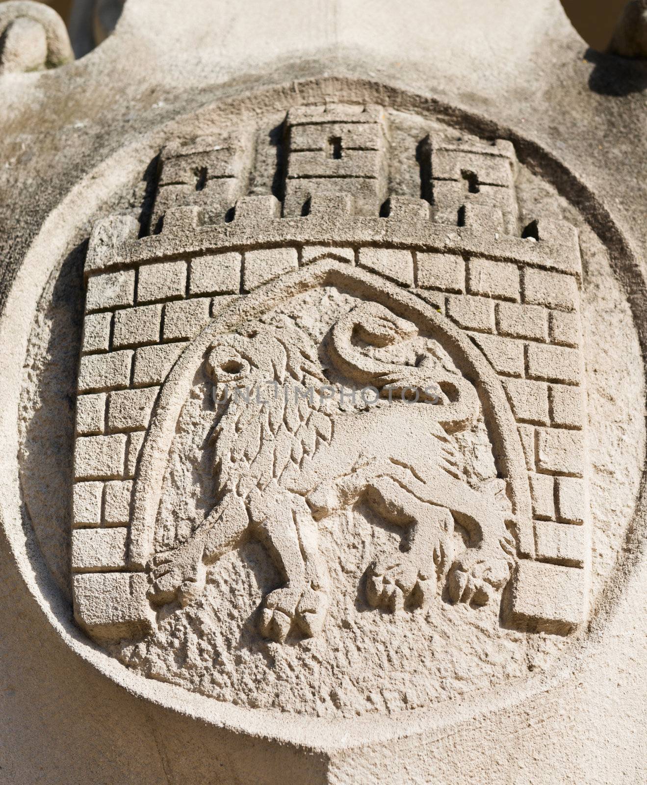 Arms of Lviv city, Ukraine, in stone with gateway and lion