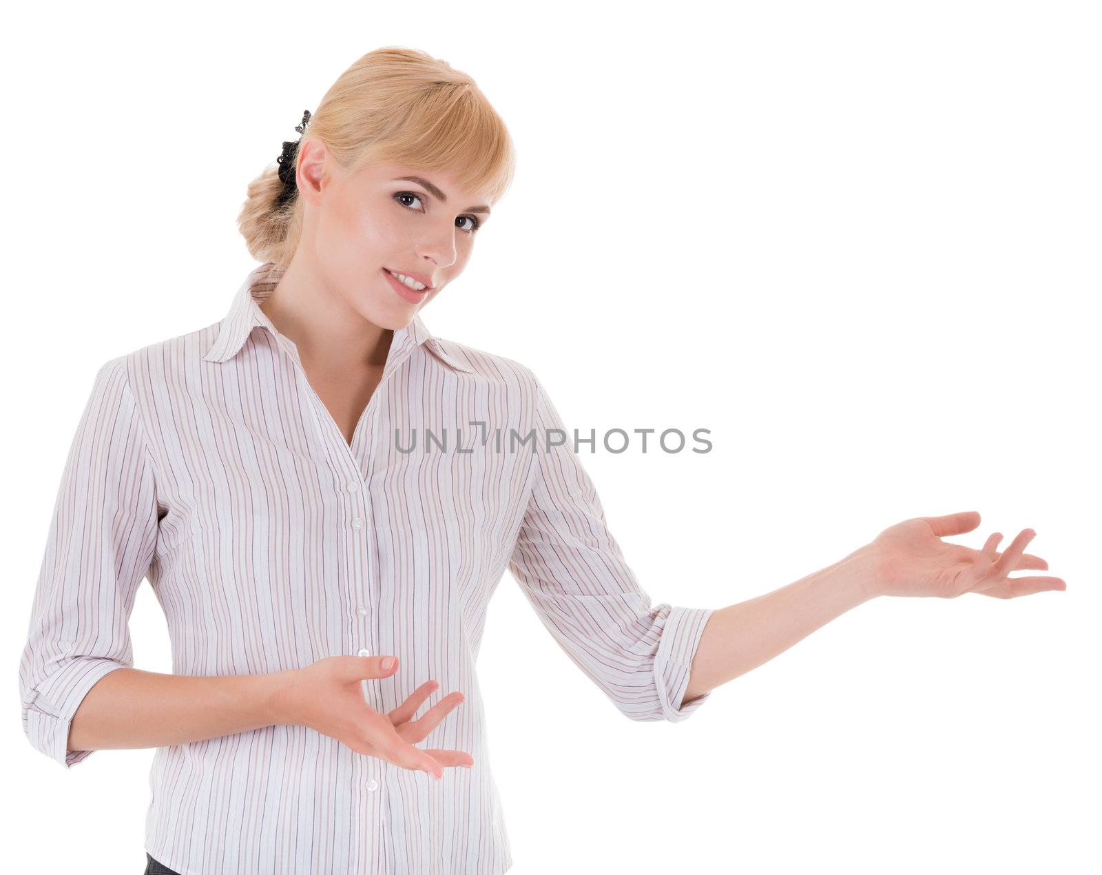 Young woman with welcome gesture, isolated on white background