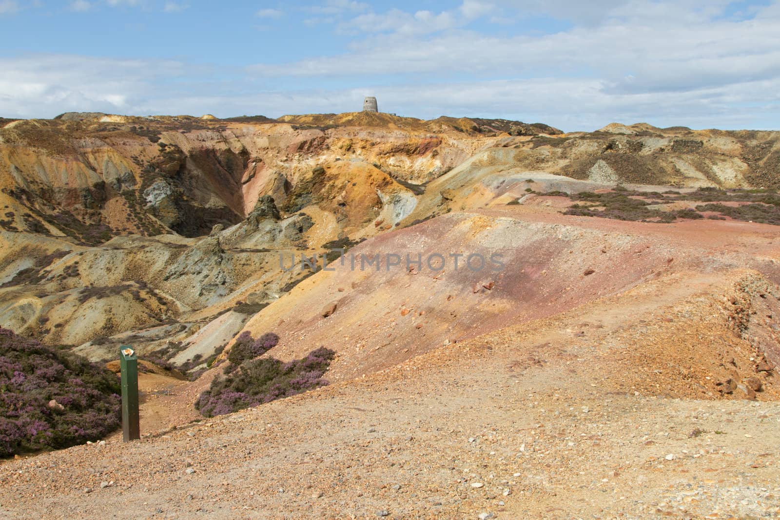 A sign with an arrow on a post on the side of a rough track leading into an historic opencast coppermine with a building in the distance against a blue sky.