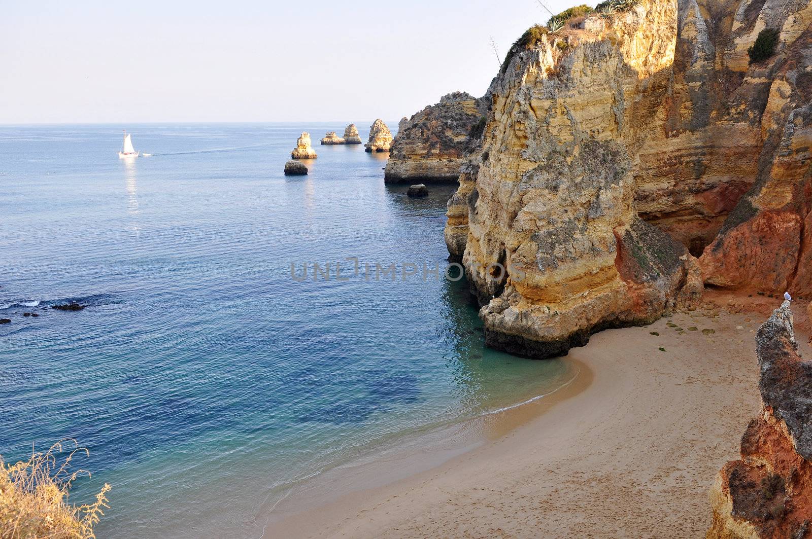 High view of D.Ana Beach in Lagos, Algarve, Portugal close to the sunset