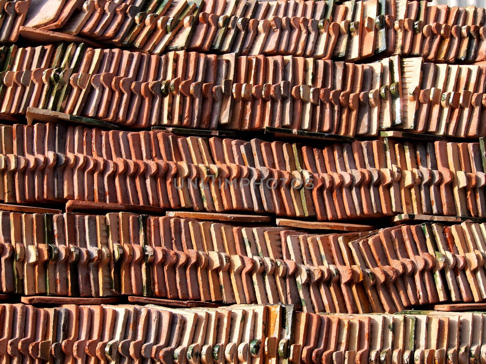 Red Clay Tiles of Thai Roof of temple.        