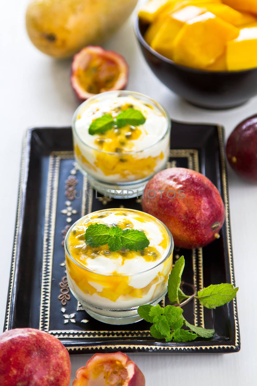 Fresh Passion fruit and Mango with yogurt