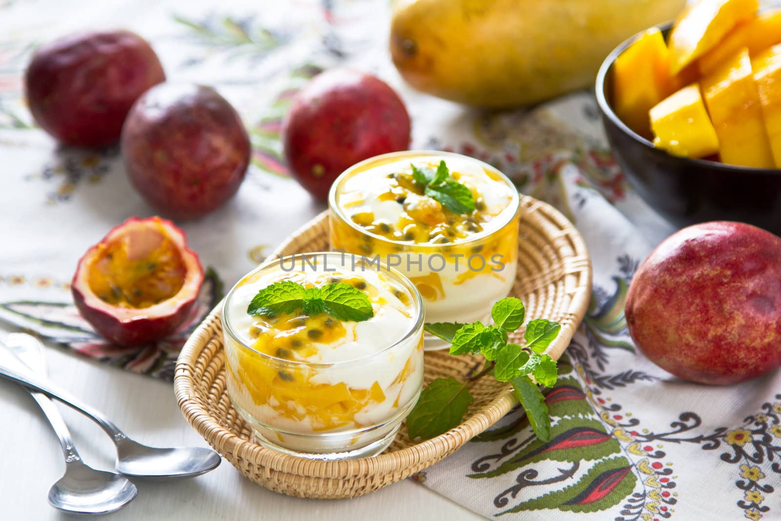 Fresh Passion fruit and Mango with yogurt