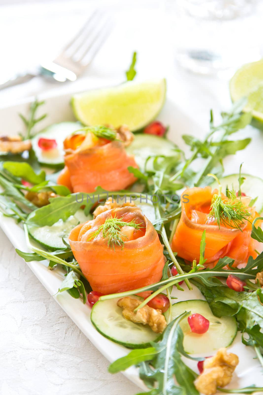 Smoked salmon with pomegranate and walnut salad by vanillaechoes