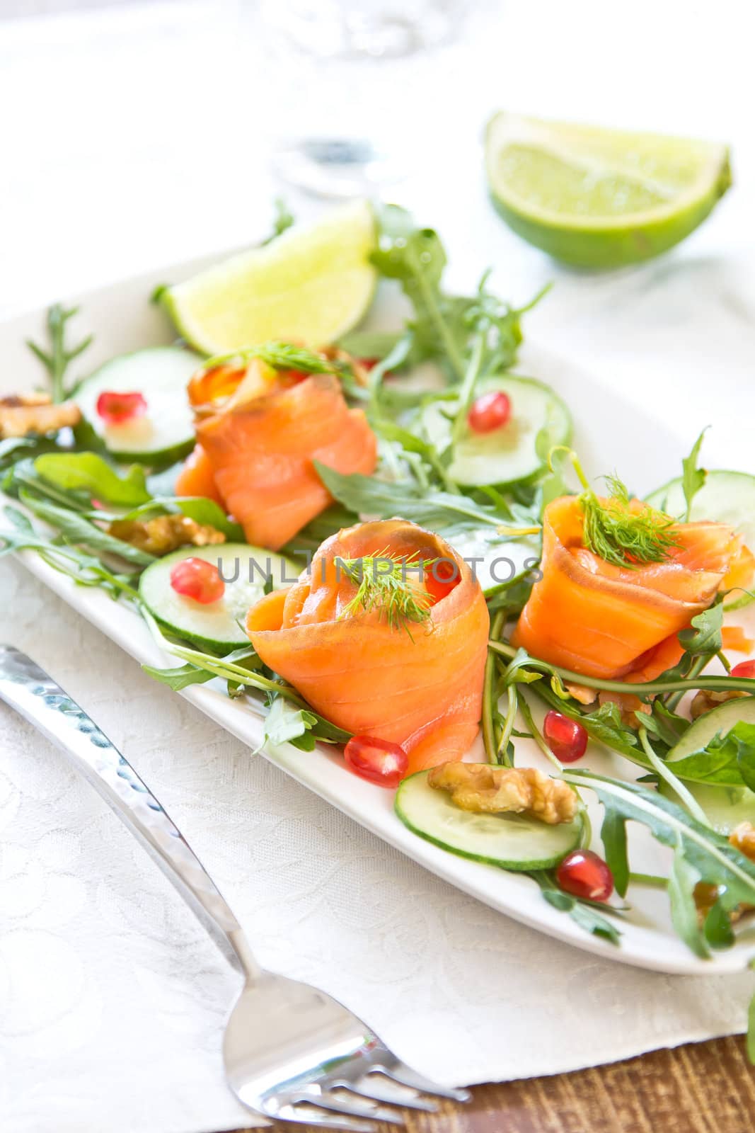Smoked salmon with pomegranate and walnut salad by vanillaechoes