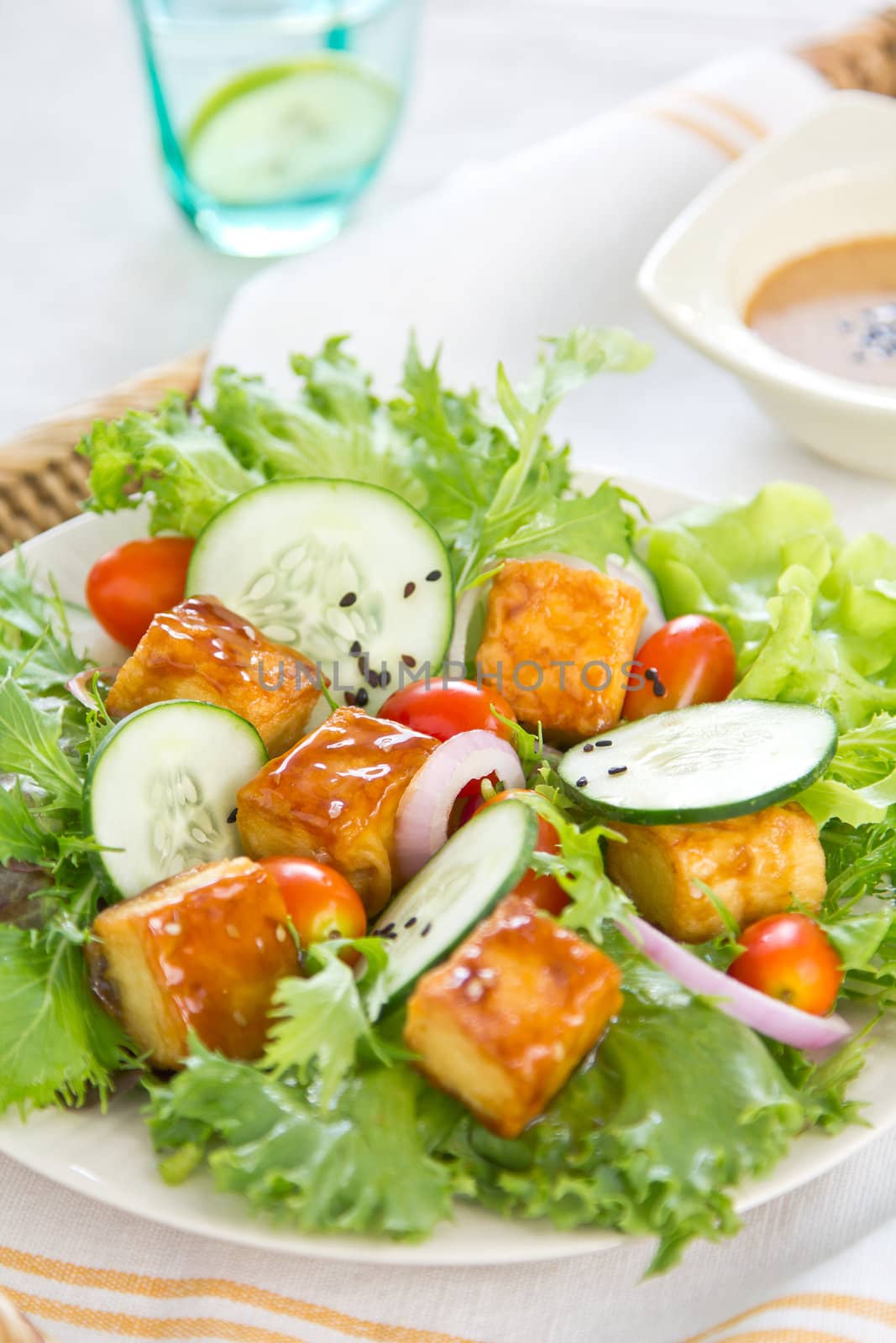 Tofu teriyaki with black sesame salad by japanese sesame dressing