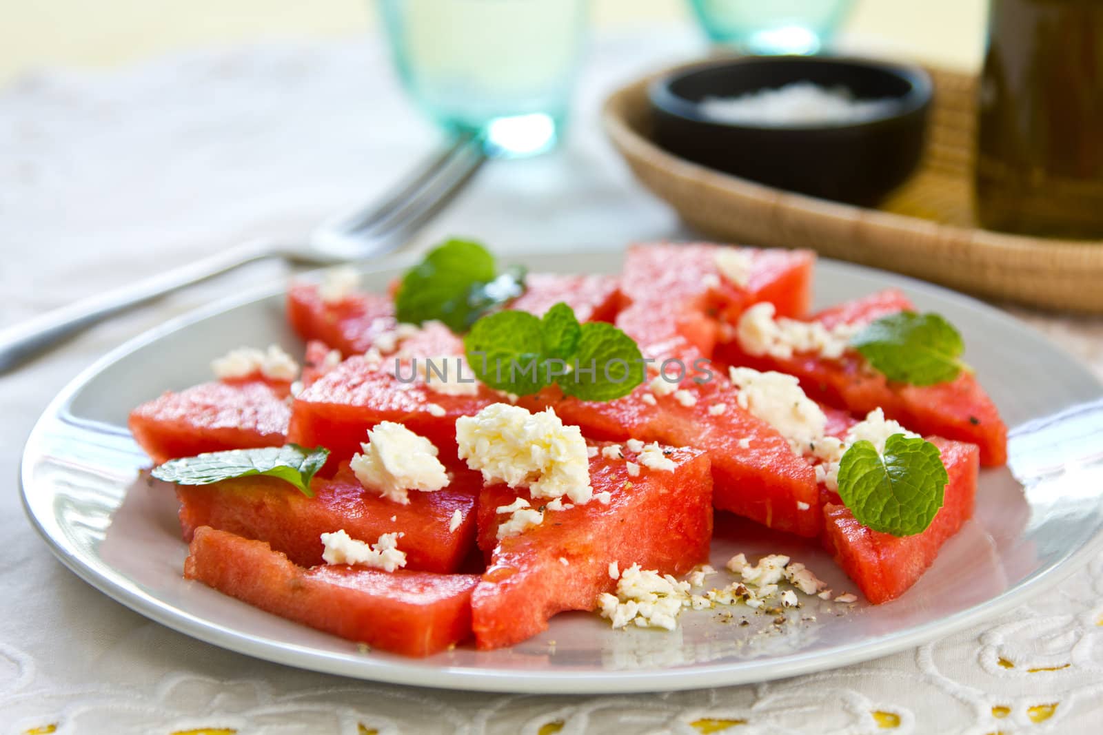 Watermelon with Feta cheese salad by vanillaechoes