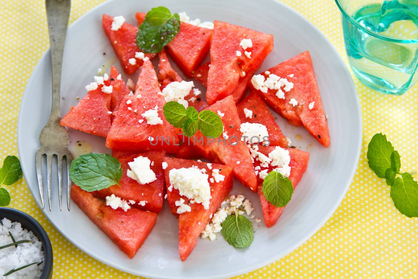Watermelon with Feta cheese and mint salad