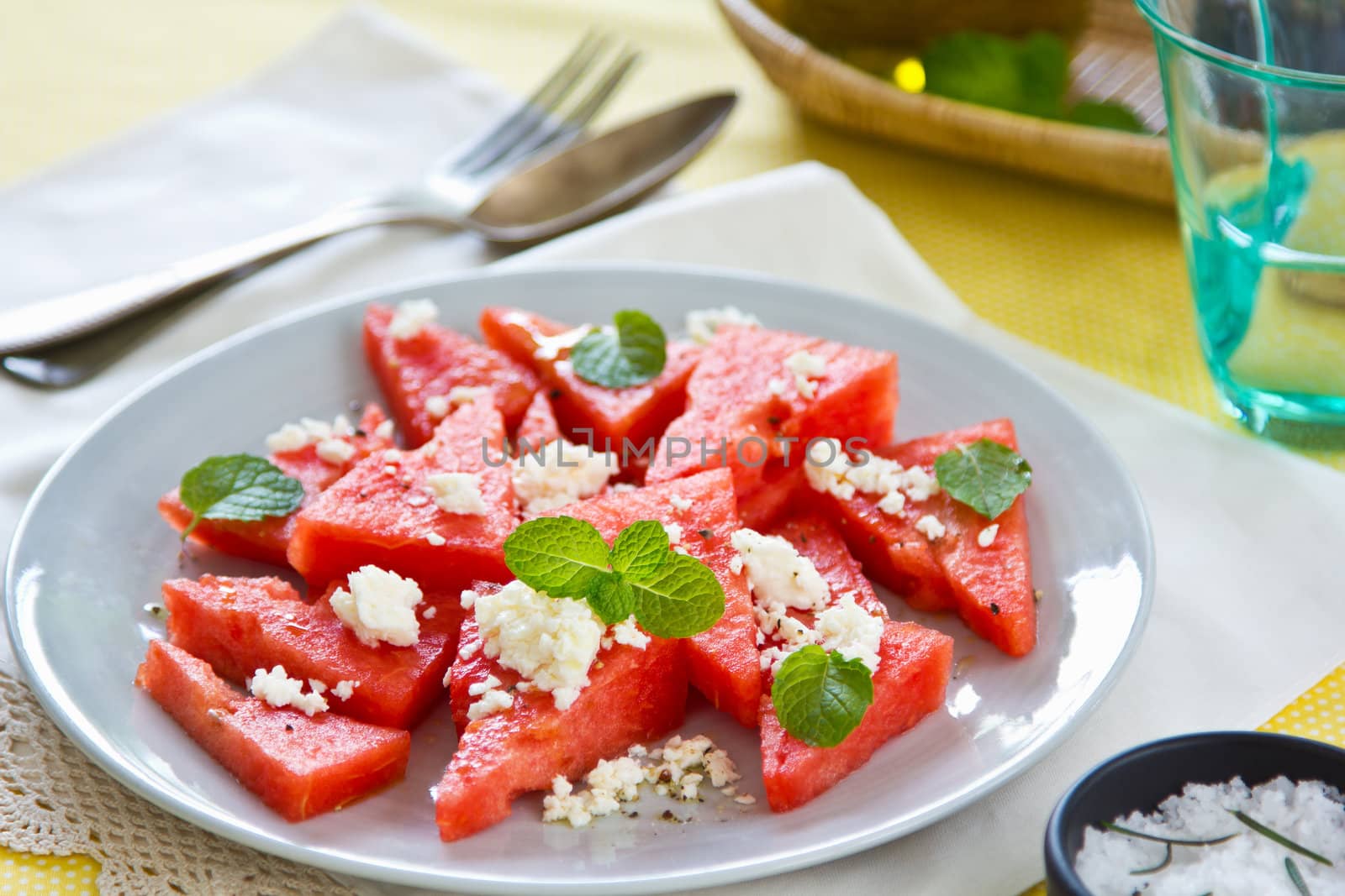 Watermelon with Feta cheese and mint salad