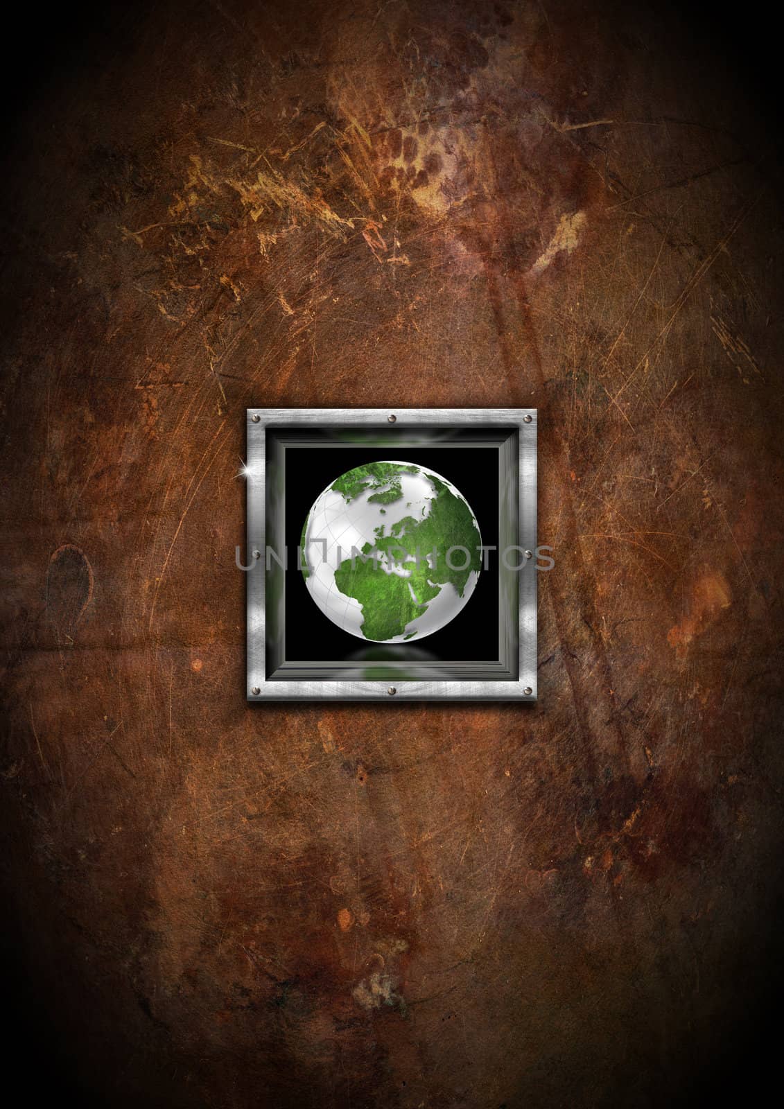 Brown eco grunge background with Green Globe in a metal frame
