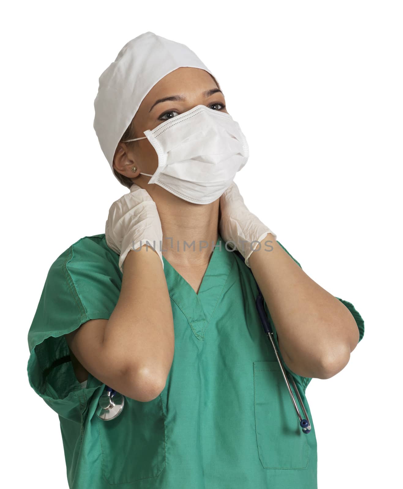Female doctor massaging her nape with a tired attitude,isolated against a white background.