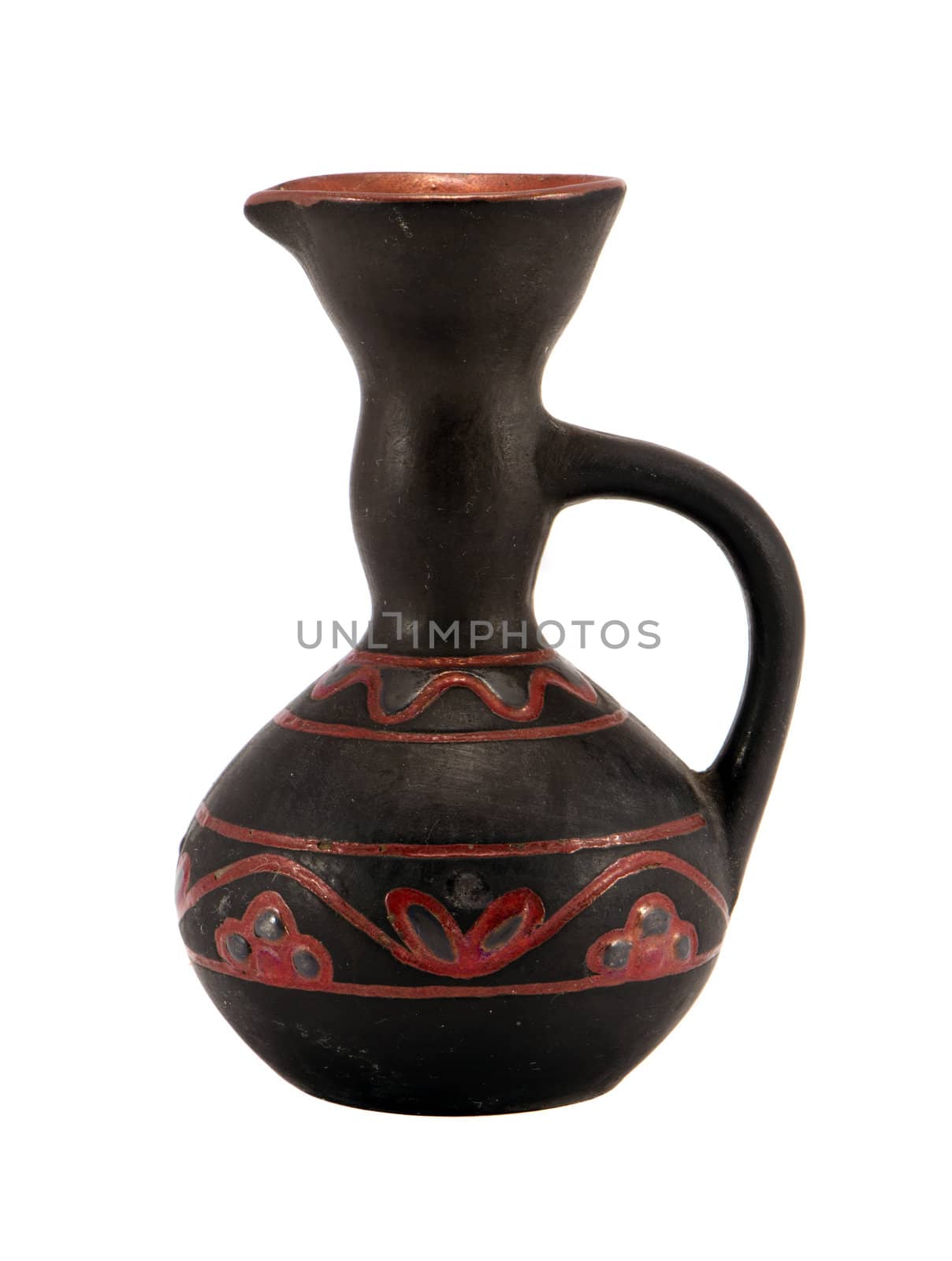Vintage steel clay pitcher object with handle and ornaments isolated on white background. Home decoration.